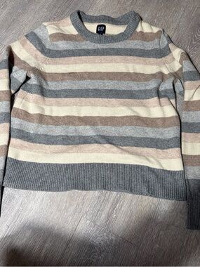 GAP Men's Striped Crewneck Sweater in Gray, Cream & Tan